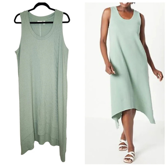 LOGO Lounge by Lori Goldstein Green Waffle Knit Midi Dress. Pockets. Size 1X - Picture 1 of 14